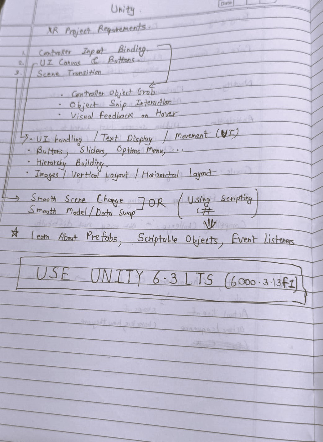Handwritten requirements and learning notes prepared to help Unity interns ramp up on the tools and deliverables