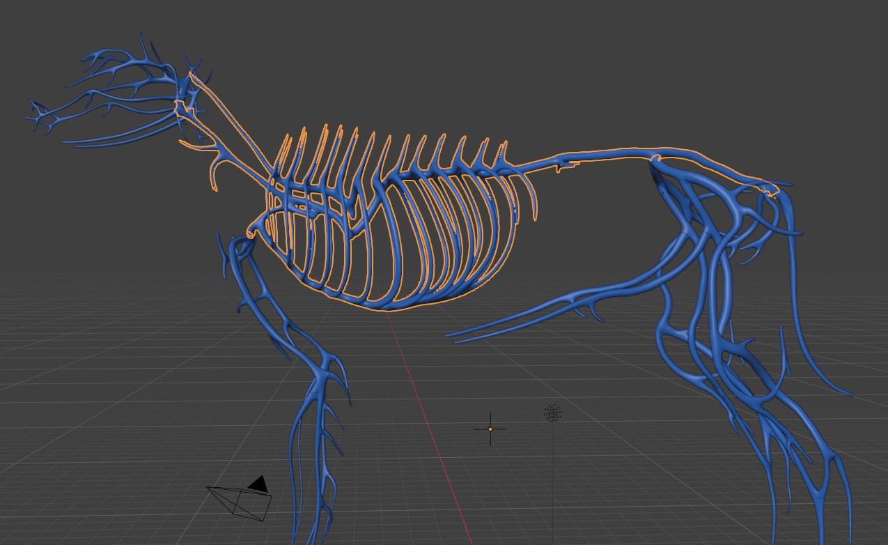 Separated vein structures shown in wireframe in the Unity Editor