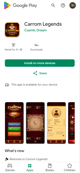 Carrom Legends Google Play Store listing, showing the app icon, screenshots of the main menu, in-game board, profile screen, and multiplayer setup