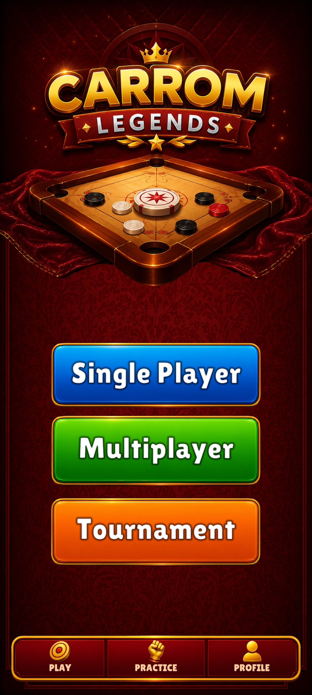 Carrom Legends home screen with Single Player, Multiplayer, and Tournament options