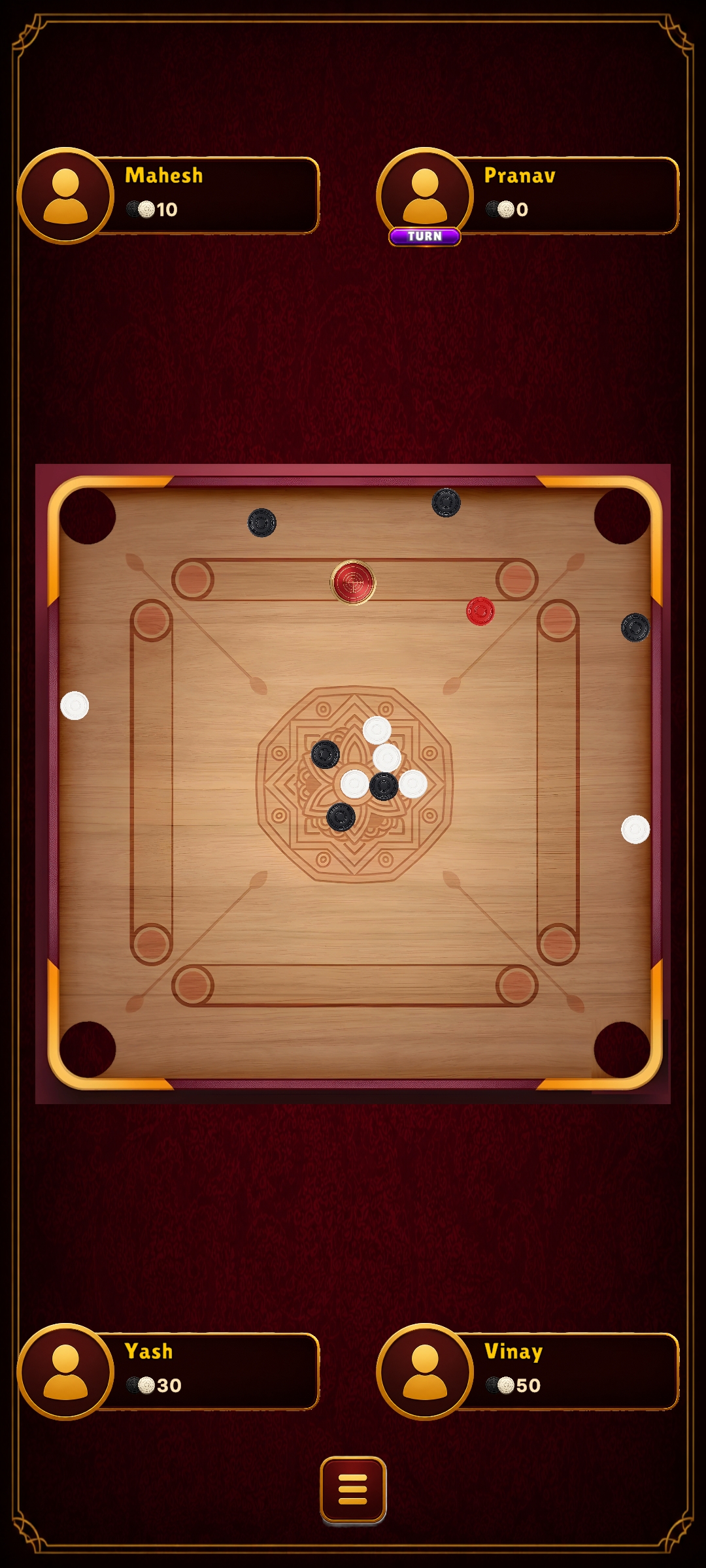 In-game carrom board showing the striker, coins, and pockets during a live match