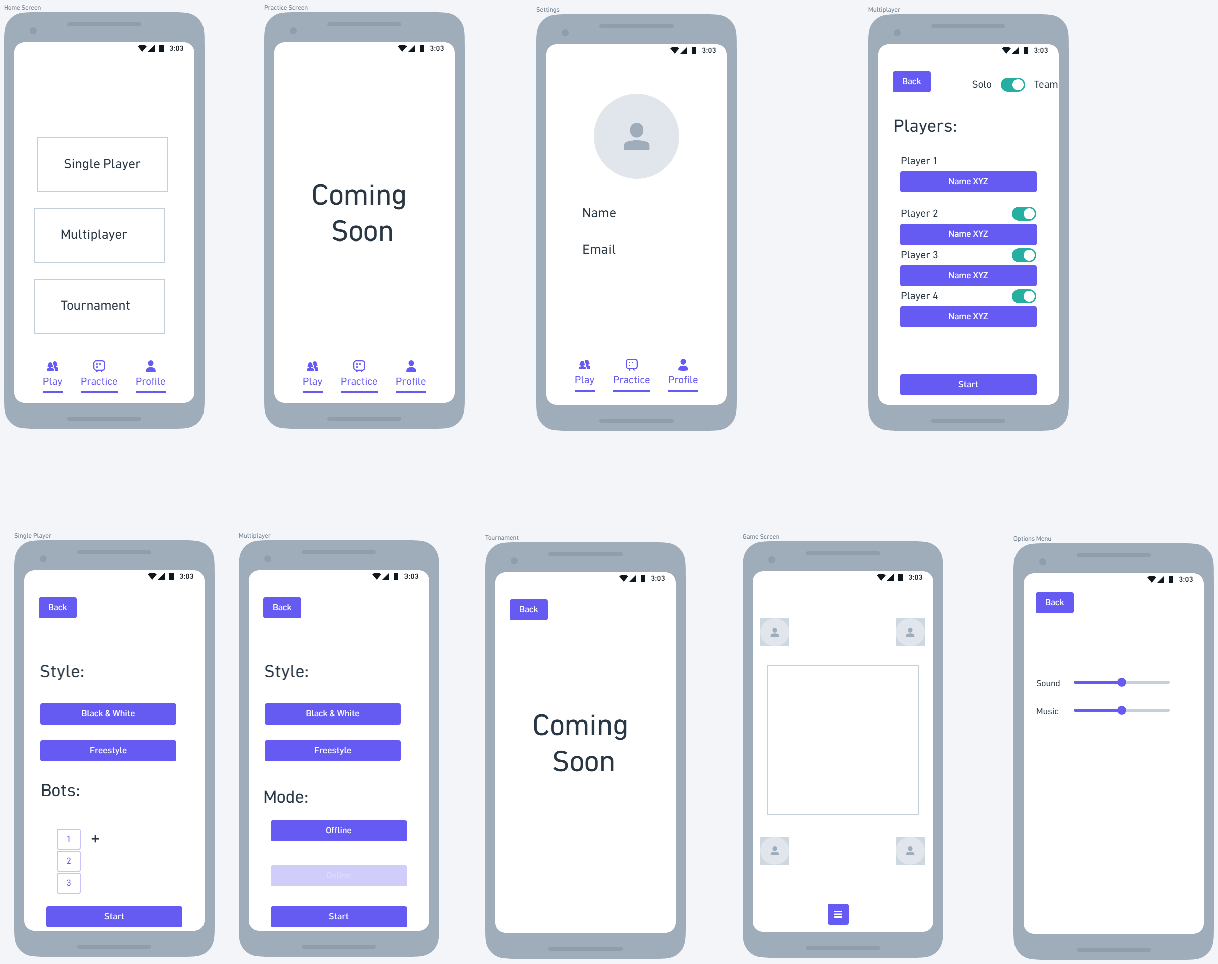 Low-fidelity wireframes for Carrom Legends covering Home, Practice, Settings, Multiplayer setup, game modes, and the in-game options menu