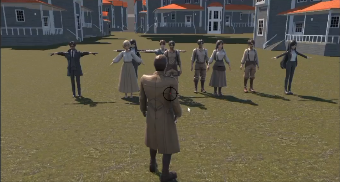 Characters designed for Fate of Eclipse lined up in T-pose in a town scene, with the player character in front