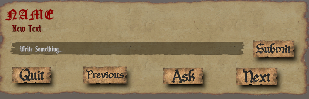 Parchment-style dialogue panel with an NPC name, response text, a text field reading Write Something, and Submit, Quit, Previous, Ask, and Next buttons