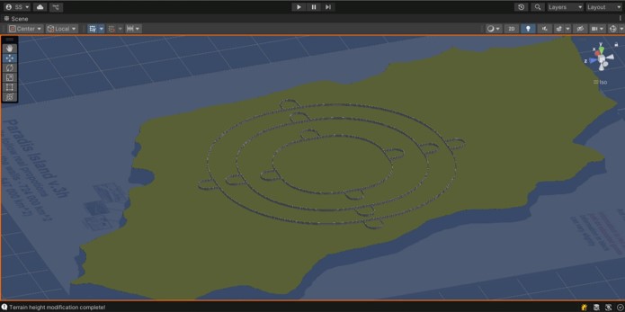 Paradise Island terrain in the Unity Editor, the island-shaped Unity Terrain environment built for Fate of Eclipse