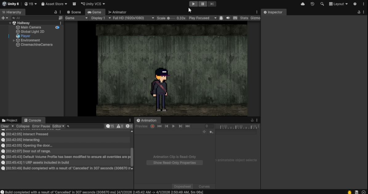 Hallway scene running in the Unity Editor with the player character, scene hierarchy, and console showing door interaction logs