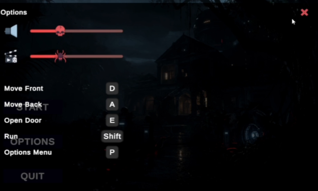 Old Raman House Options screen during development, showing audio sliders and key bindings over the main menu background
