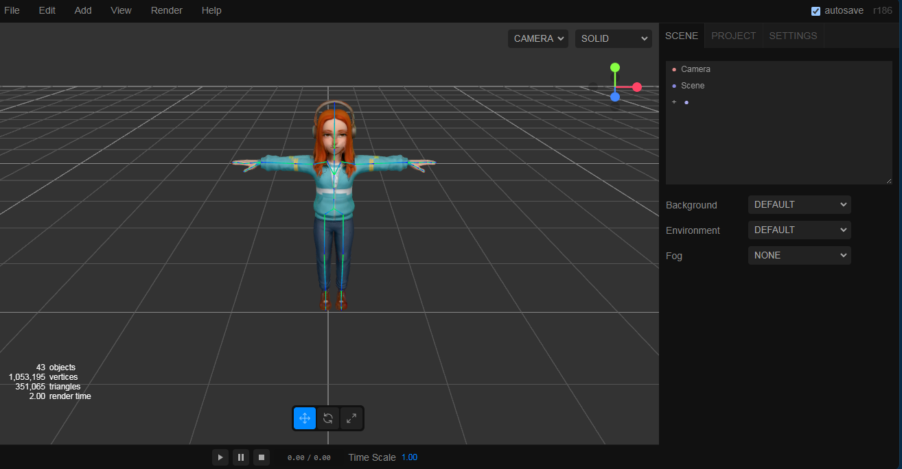 Max's character model in T-pose inside the Three.js editor