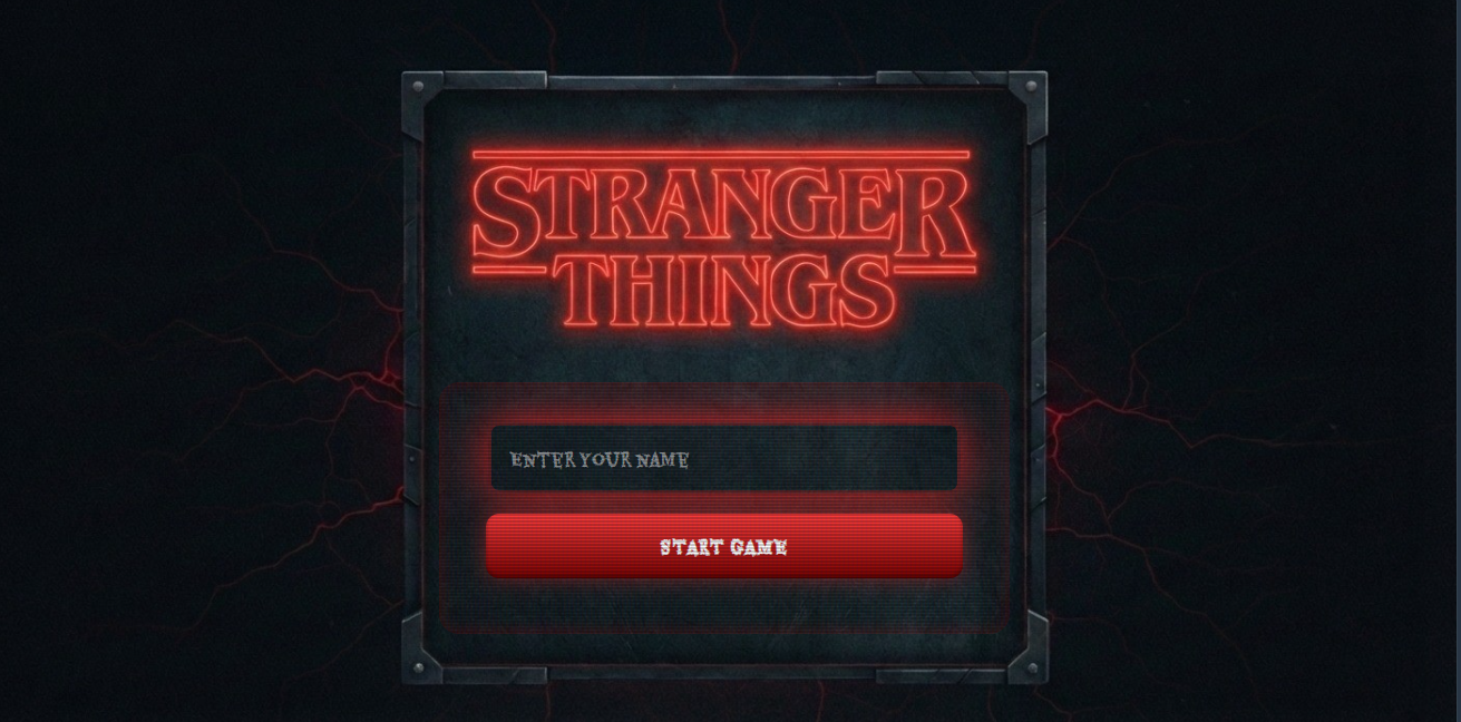 Type to Survive start screen showing the Stranger Things-style title and a field to enter the player's name