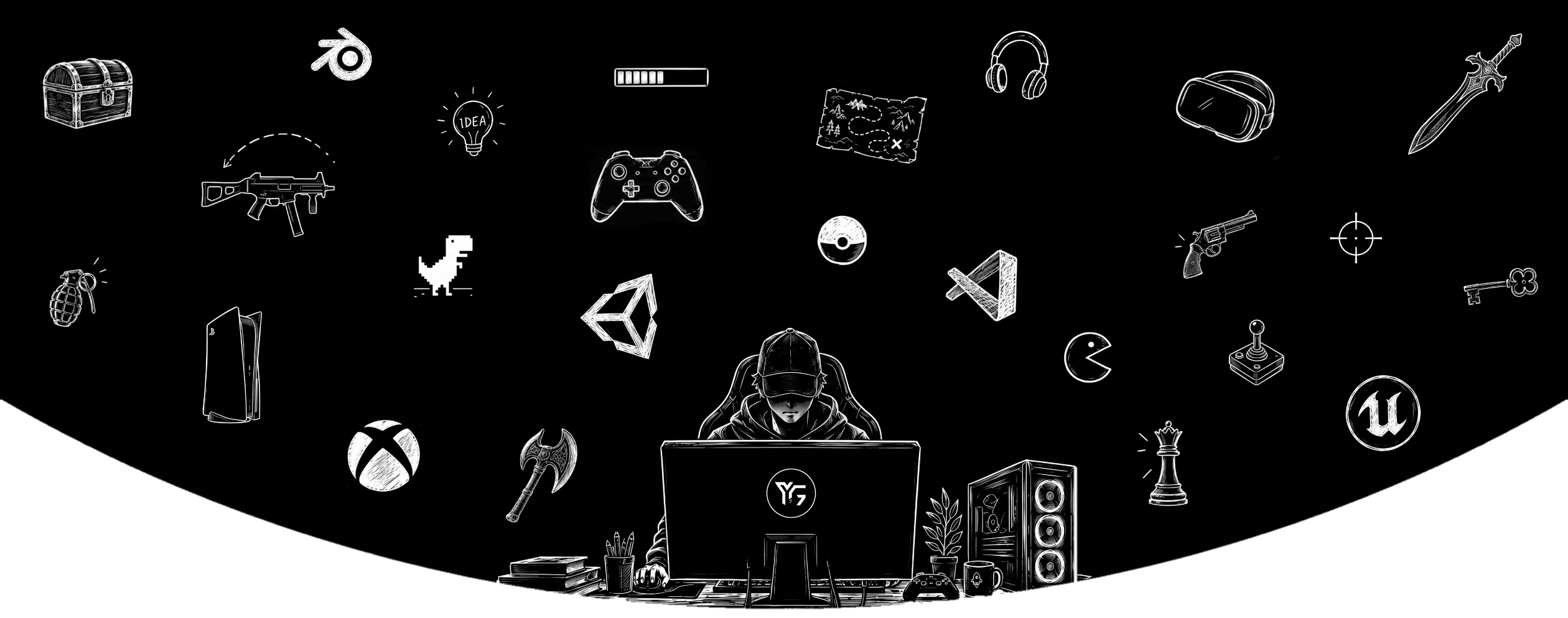 Sketch of a game developer at a desk surrounded by game and engine icons